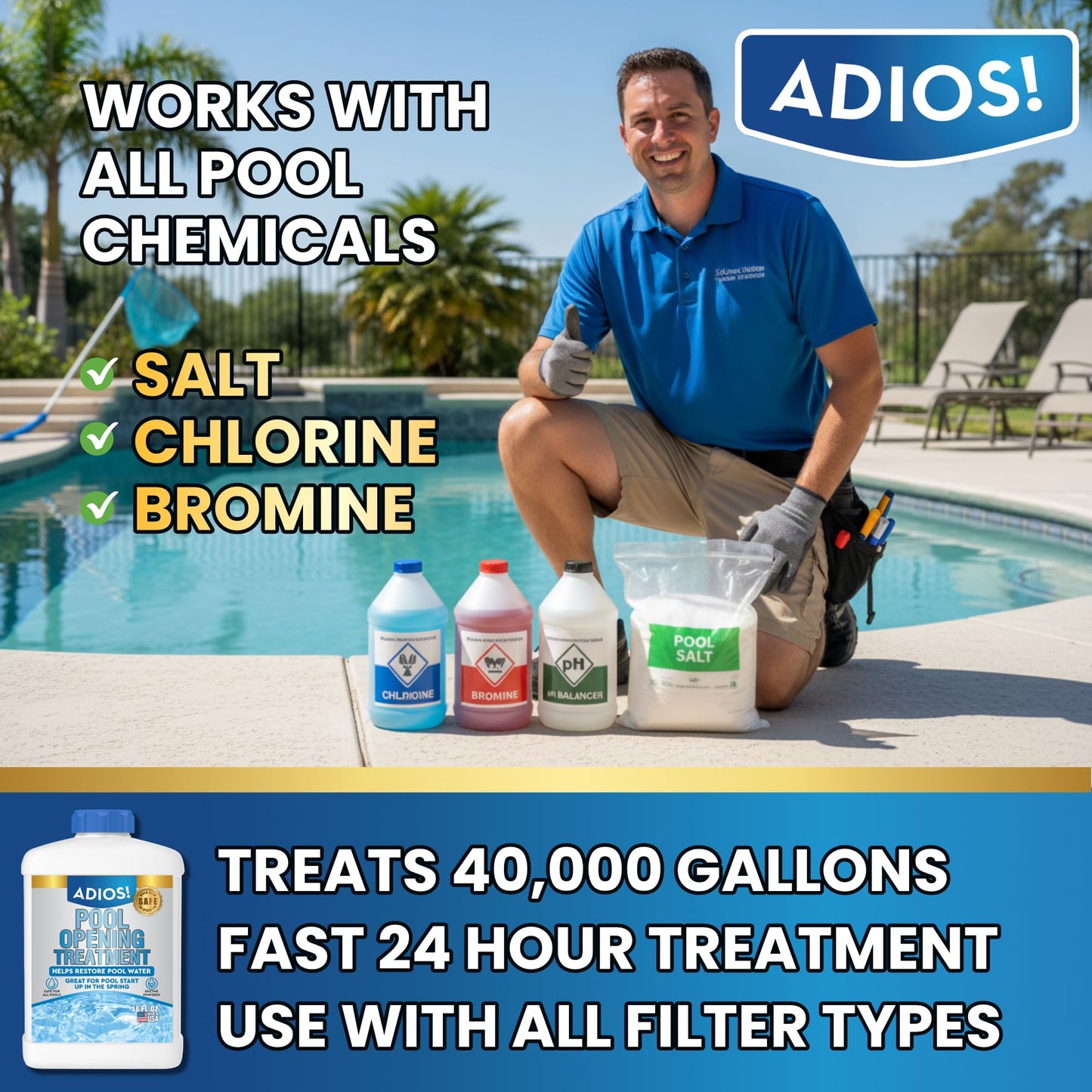 Adios! Pool Opening Treatment - Starter Enzymes for Above Ground Pools and Inground, Treats 40,000 Gallons for Winter Start Up Chemicals - 16oz
