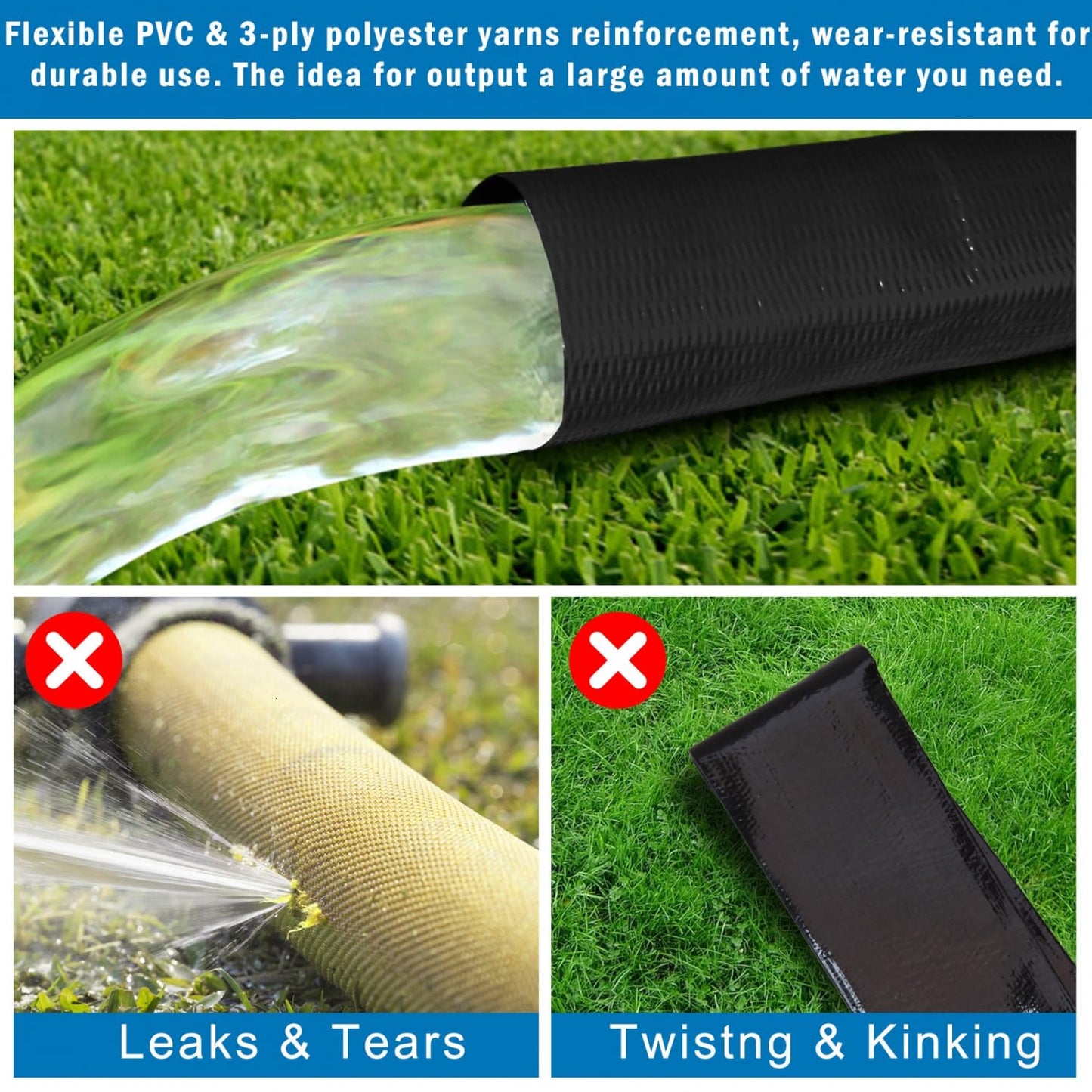 Gonioa 2 inches x 100 FT Heavy-Duty PVC Swimming Pool Backwash Hose, Reinforced Discharge Hose with Clamp for Swimming Pools, Black