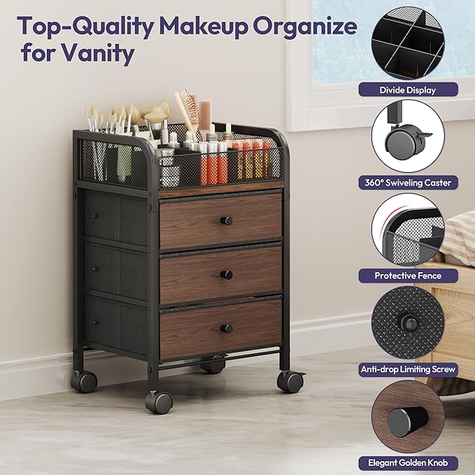 SWTYMIKI Rolling Makeup Organizer Cart - 14.96Ã¢ÂÂ³*11.81Ã¢ÂÂ³*23.03Ã¢ÂÂ³ Widened Under Desk Vanity Storage with 3 Non-woven Drawers, Cosmetic Display Cases for Skin Care Perfume Nail Polish Brush Hair Tool Black