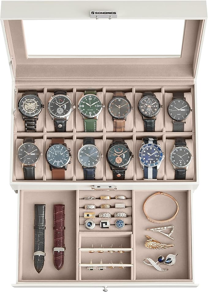 SONGMICS Watch Box, 12-Slot Watch Case Organizer with Large Glass Lid, 2 Layers, Removable Pillows, Metal Lock, Gift for Loved Ones, Cloud White Synthetic Leather, Cappuccino Beige Lining UJWB012W01