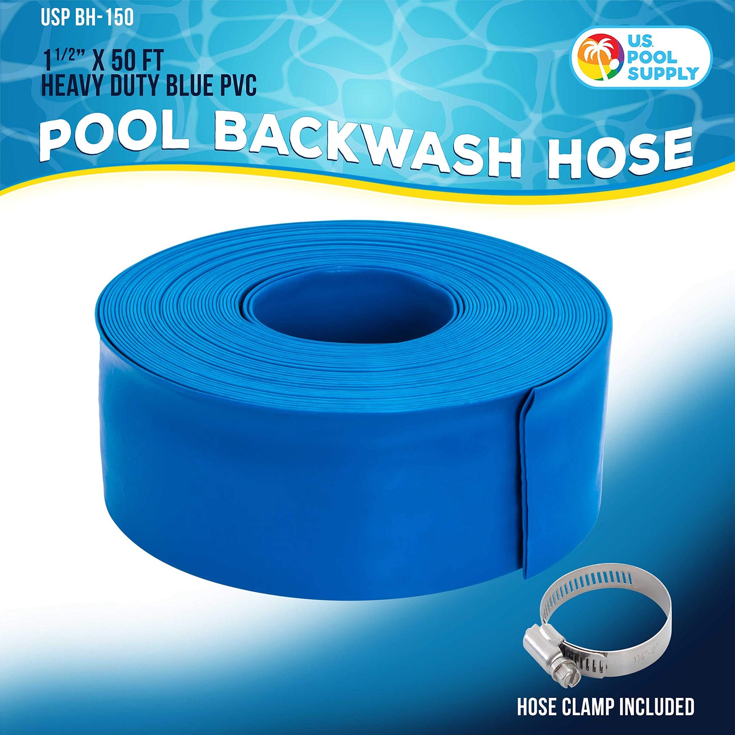 U.S. Pool Supply Pool Backwash Hose 1.5" x 50' - Heavy-Duty Pool Drain Hose, Filter Pump Water Drainage, Sump Pump Discharge, Inground Draining - Flexible Lay Flat, Clamp