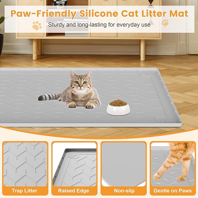 Cat Litter Mat, Extra Large 40"x28" Silicone Mat for Litter Box, Waterproof & Non-Slip Rubber Mat with Lip, Litter Trapping & Scatter Control, Soft on Cat Paws, Urine-Proof Floor Protector