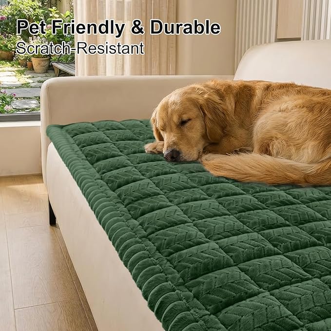 Smiry Non Slip Couch Covers for Dogs, Fuzzy Pet Couch Covers for 3 Cushion Sofa Pet Friendly, Soft Sofa Slipcovers Cushion Furniture Protector Washable (Dark Green, 27.6" x 88")