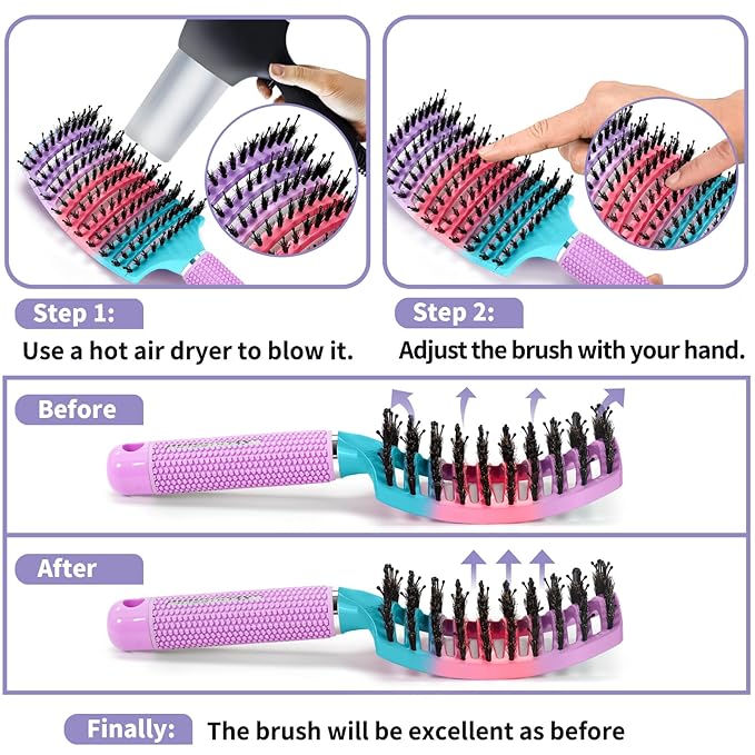 Boar Bristle Hair Brush Set of 2, HIPPIH Wet & Dry Hair Brushes Made by Fine Natural Boar Hair Can Adds Shine and Smoothing, Detangling Hairbrush for Women, Men & Kids' Long Curly Thick Hair