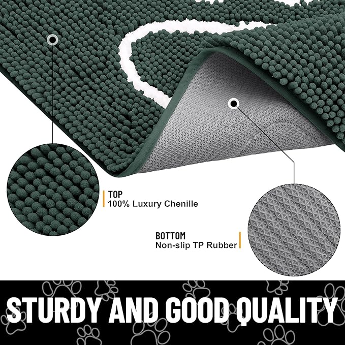 Smiry Dog Door Mat for Muddy Paws, Absorbent Dirt Trapper Non Slip Quick Dry Washable Chenille Mat for Mud Dogs, Entry Rug for Indoor and Outdoor (59x35 Inches, Green and White)