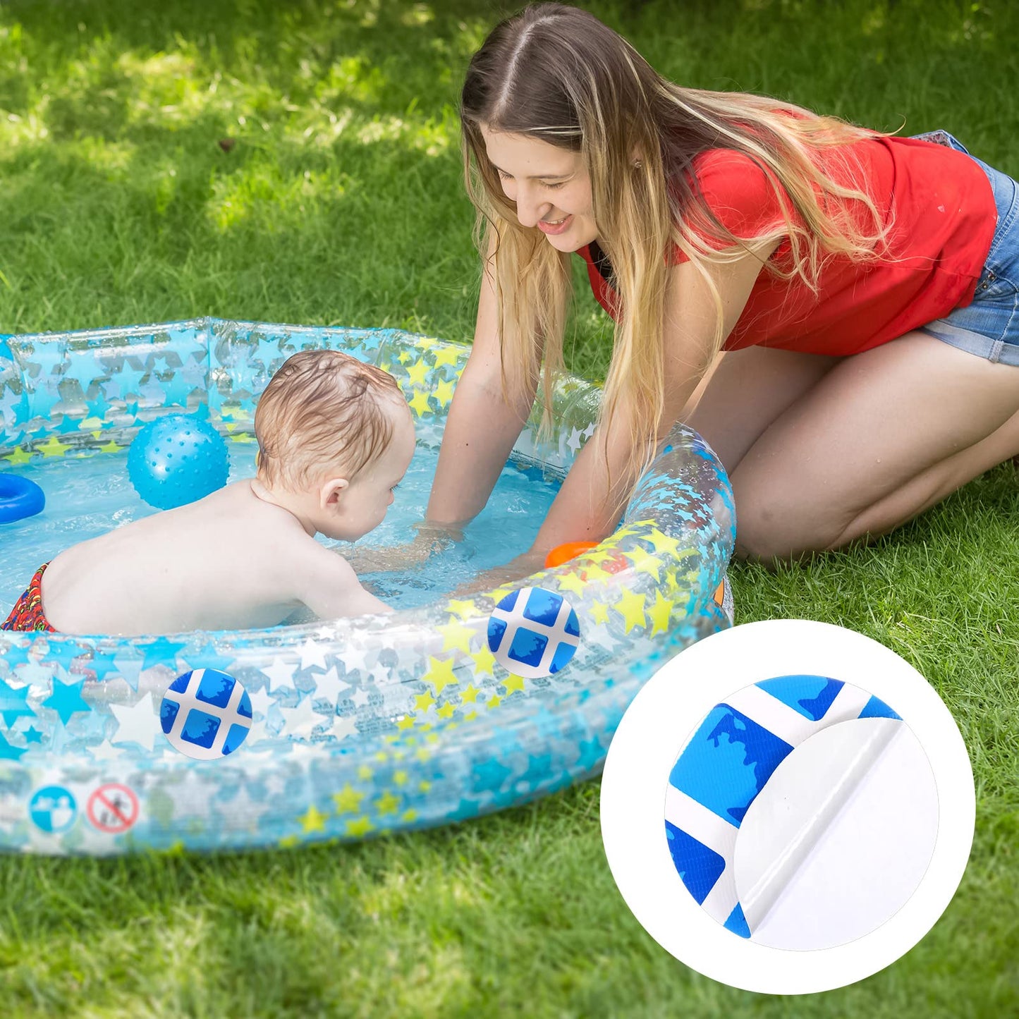 Outus 24 Pcs Vinyl Pool Patch Repair Kit Self Adhesive Pool Liner Plastic Repair Patch Pools Patches for Above Ground Pools Inflatable Boats Air Mattress Products, 4 Inch(Blue Checkered)