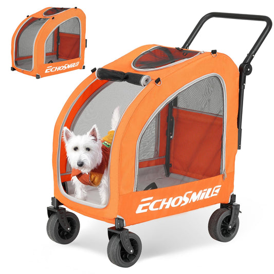EchoSmile 4 Wheels Pet Stroller, Dog & Cat Stroller for All-Season, Lightweight Carrier with Storage Basket, Adjustable Handle, Removable Pad, Breathable Mesh, Up to 135 lbs, Orange (Orange)