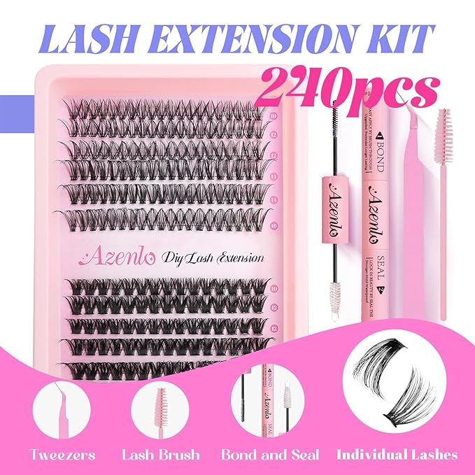 Azenlo Lash Extensions Cluster DIY Lashes 240pcs 30D 80D 10-16mm Eyelash Clusters Individual Lashes Cluster Lash Kit Thin Band Lash Kit(30D+80D KIT)