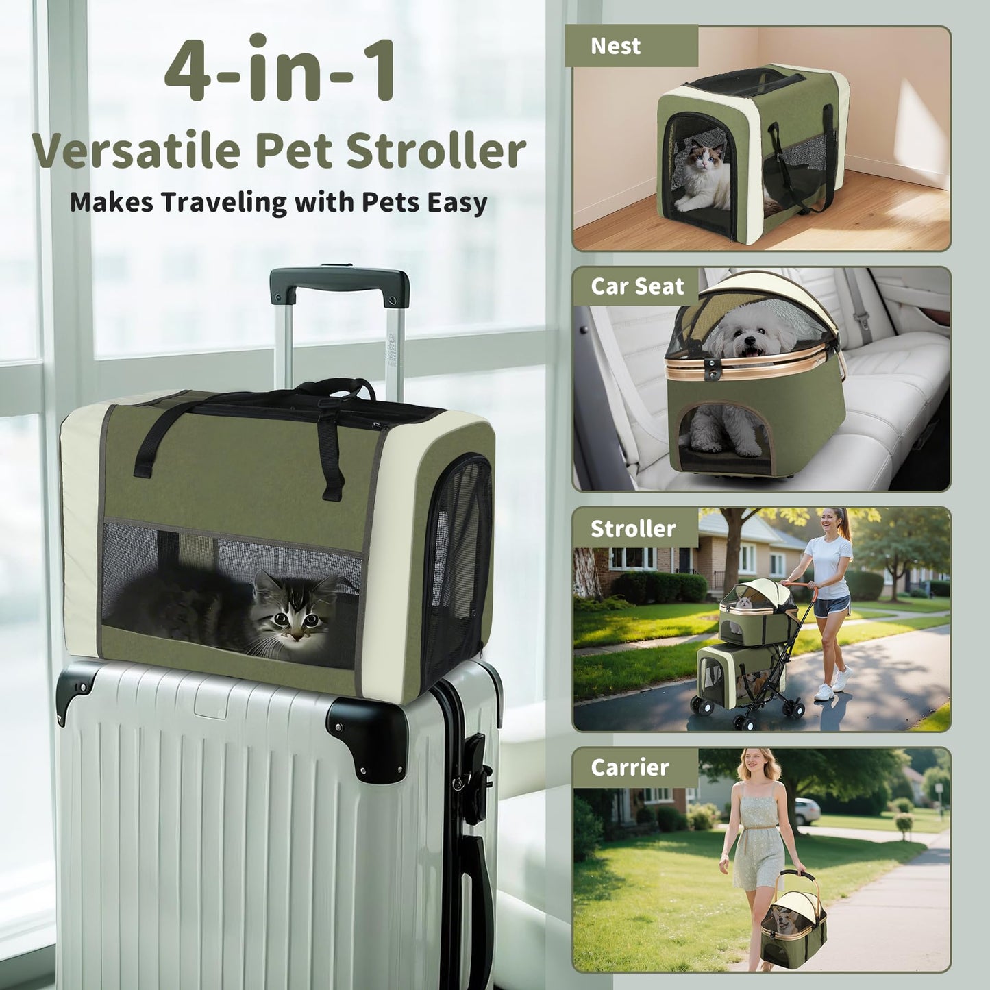 Double Pet Stroller for Dogs and Cats: Dog Stroller Foldable Travel Carriage with Detachable Carriers, Safety Belts, and 4 Lockable Wheels for Small to Medium Pets – Ideal for Multi-Pet Homes (Green)