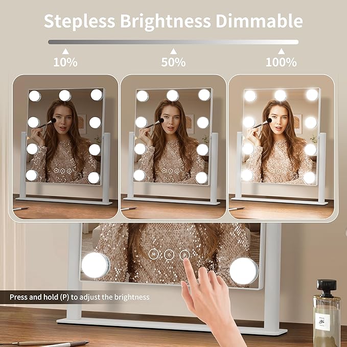 Vanity Mirror with Lights, Makeup Mirror with Lights,3 Color Lighting Modes Detachable 10X Magnification Mirror Touch Control,360°Rotation, White.