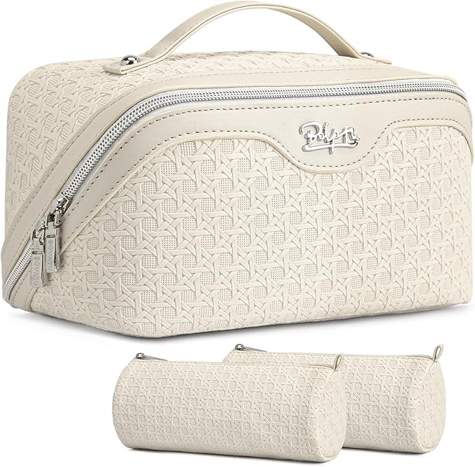 BOYATU Travel Makeup Bag Cosmetic Bags for Women: Large Capacity 3 Pcs Set Make up Bag with Compartments - Waterproof Vegan Leather Toiletry Organizer Bags with Handle (M-72Off-white)