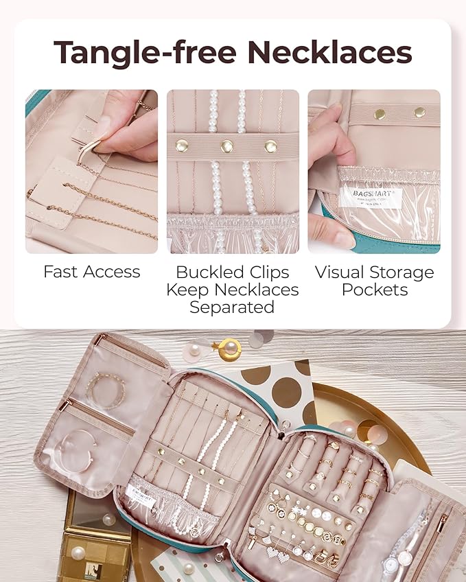 BAGSMART Travel Jewelry Case, Jewelry Organizer for Women Zipper Rings Holder Storage Pouch for Rolls Necklaces,Stud Earrings,Bracelets,Teal