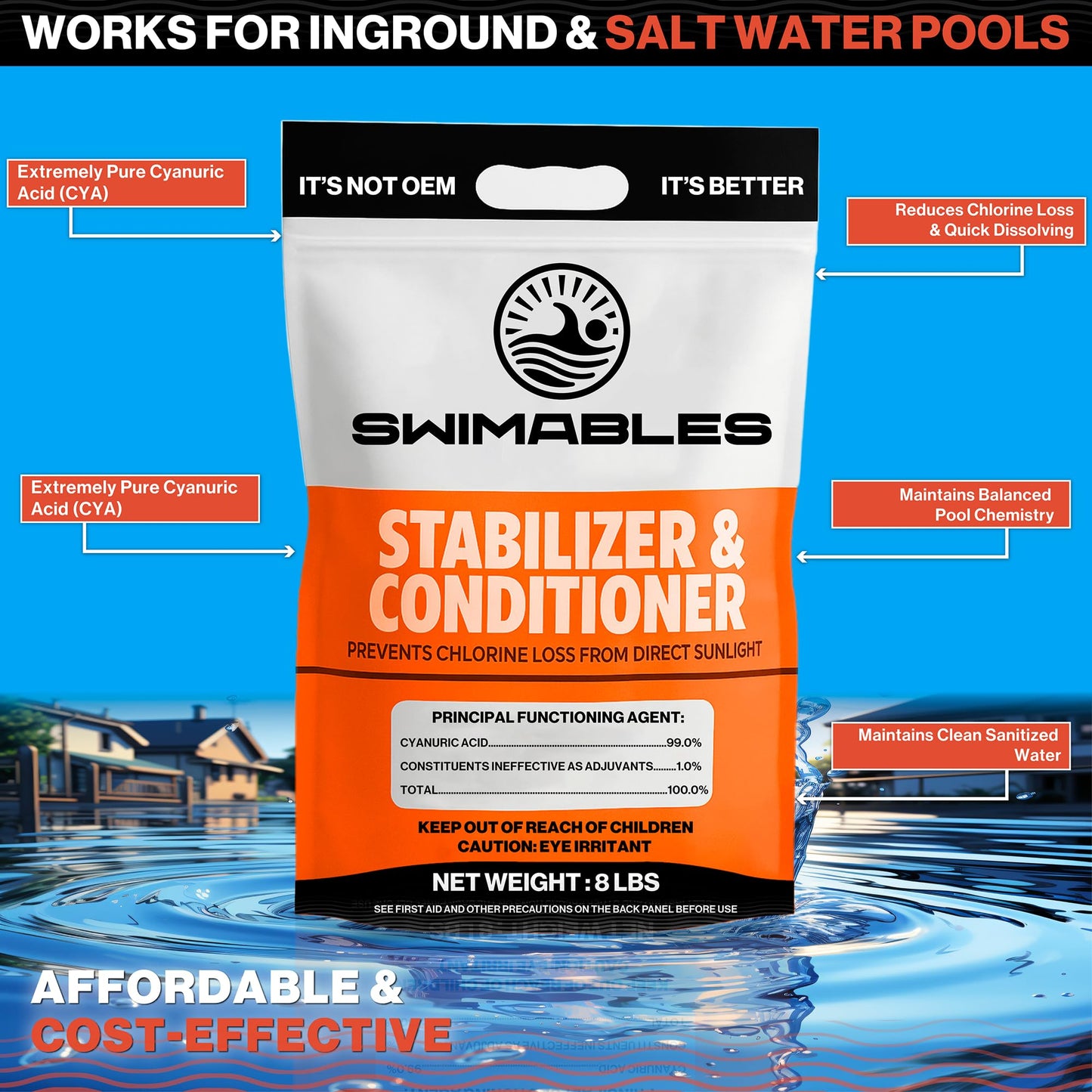 Swimables 8-Pounds Premium Pool Stabilizer & Conditioner, Max Strength Cyanuric Acid for Pools, Spa & Salt Water – Reduces Chlorine Loss, Ideal for Swimming & Hot Tubs