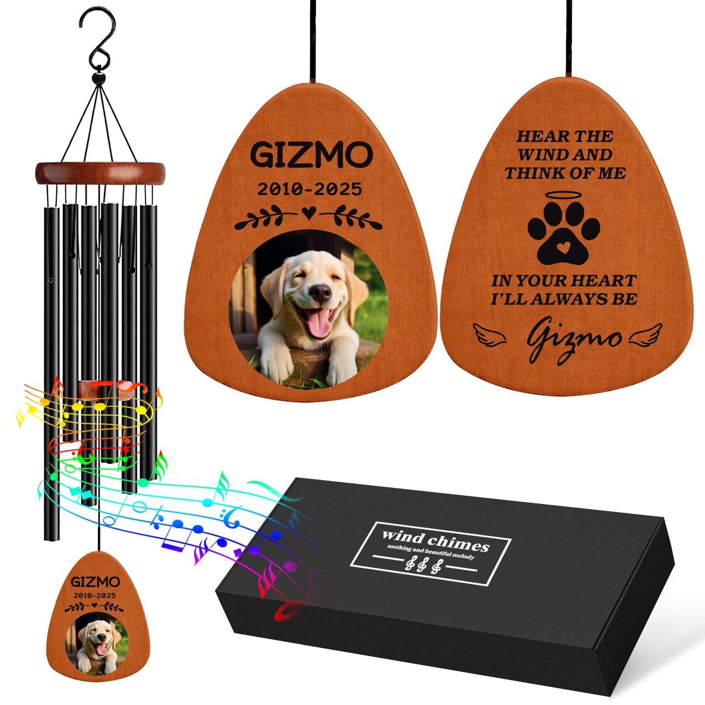Personalized Pet Memorial Wind Chimes with Photo Pet Memorial Gifts for Dogs Pet Bereavement Gifts Custom 25.5 Inch Wind Chimes for Garden Patio for Loss of Dog Cat Puppy (Black, Design 4)