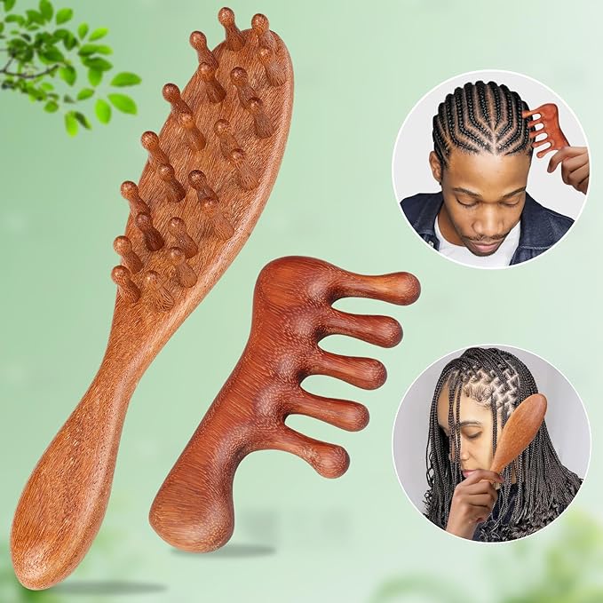 2 Pack Loc Comb for Sisterlocks, Wooden Scalp Massager for Dreadlocks, Sandalwood Wide Tooth Hair Comb for Microlocs, Natural Gua Sha Head Massage Tool for Hair Growth Relaxation Stress