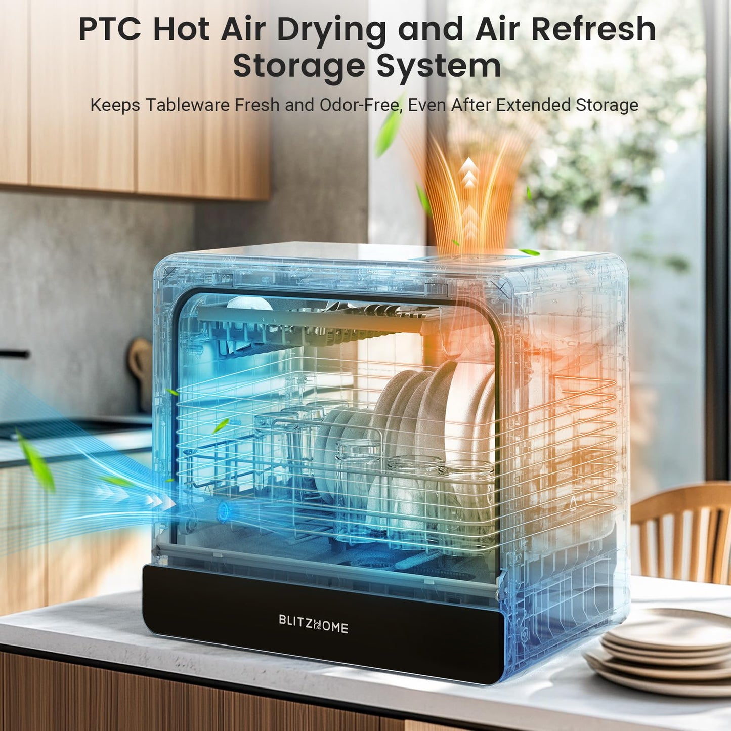 BLITZHOME Countertop Portable Mini Dishwasher, 9 Programs,167℉ High-Temp, Hot Air Drying, Air Refresh, 360° 3 Spray, 24H Timing, LED Light, 5.2L Built-in Water Tank for Apartments RVs