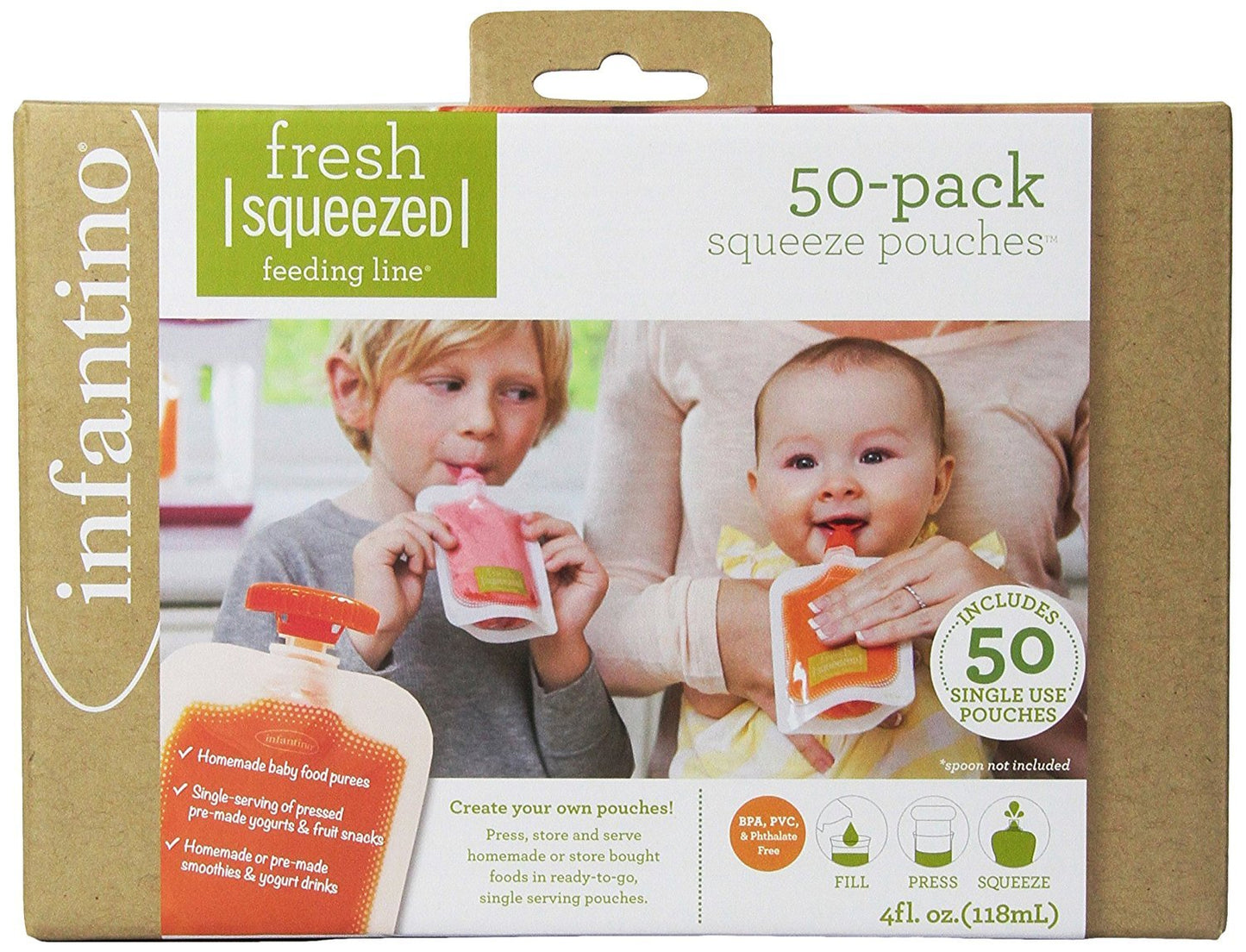 Infantino Disposable Squeeze Pouches, Baby Food Pouches for Portable Homemade Semi-Solid Food for Babies and Toddlers, BPA and PVC free, Freezer Safe, 50-Pack