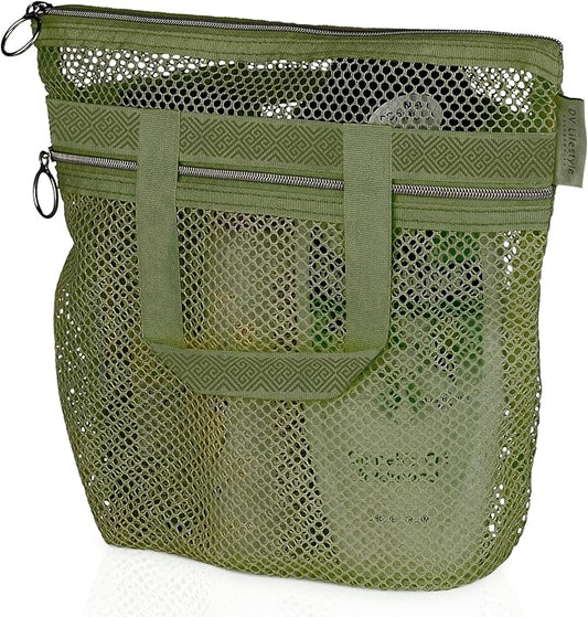 DV Lifestyle Mesh Shower Bag 10.2x9.9'' Quick-Dry Caddy with Zipper & 2 Pockets. Portable Toiletry Tote for Bathroom, Gym, Travel, Camp, Beach, for Sunscreen, Dorm & College Essentials (Olive Green)