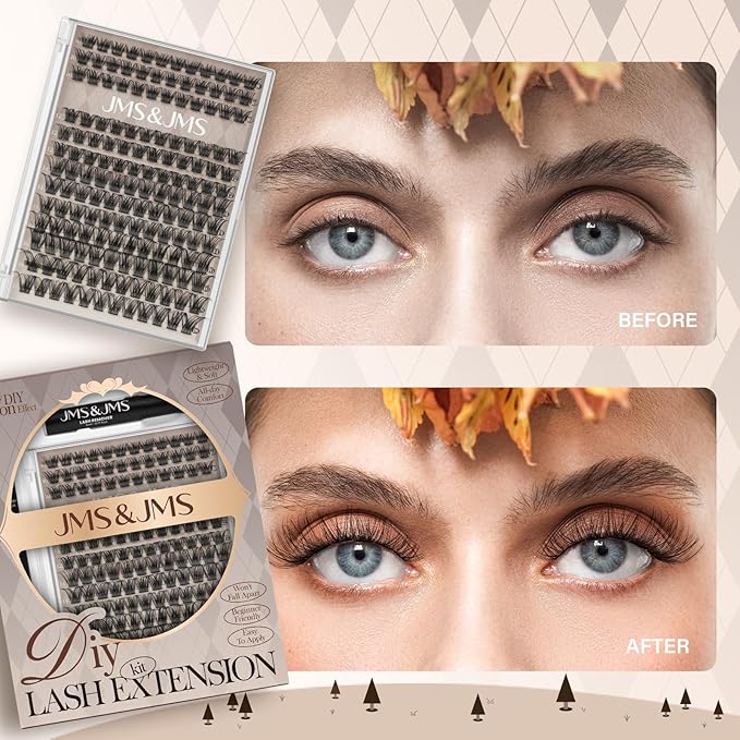 JMS&JMS Lash Clusters Kit Lash Lift Kit Wispy Fluffy Lash Clusters with Lash Bond and Seal Eyelash Applictor Lash Remover Lash Extension Kit for Beginner (JMS04-D-8-18Mix)