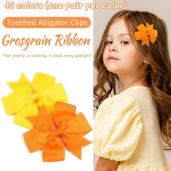 CÉLLOT 80 Pcs 3.5 Inch Boutique Grosgrain Ribbon Pinwheel Hair Bows Alligator Clips For Girls Toddlers Accessories Teens Gifts In Pairs