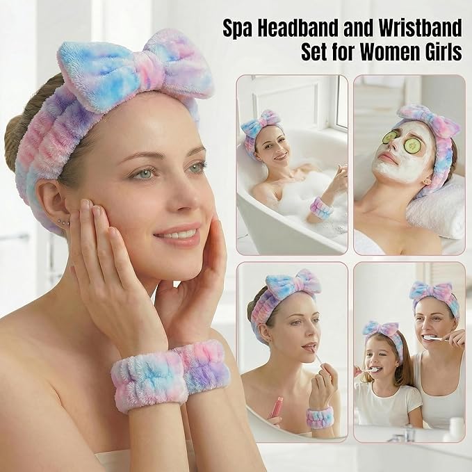 8 Pcs Spa Headband and Wristbands Set for Washing Face, Soft Face Wash Headbands Wrist Bands for Women with Scrunchies, Absorbent Wrist Towels, Makeup Hairband for Skincare, Yoga, and Teen Girls Gifts