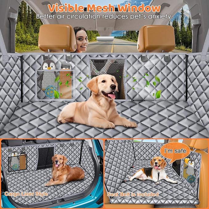 URPOWER XL Dog Backseat Extender for Full-Size Crew Cab Truck, Hard Bottom Dog Car Seat Cover for Back Seat Holds 400lbs, Waterproof Dog Hammock Pet Rear Seat Protector Travel Bed for F150 / Silverado