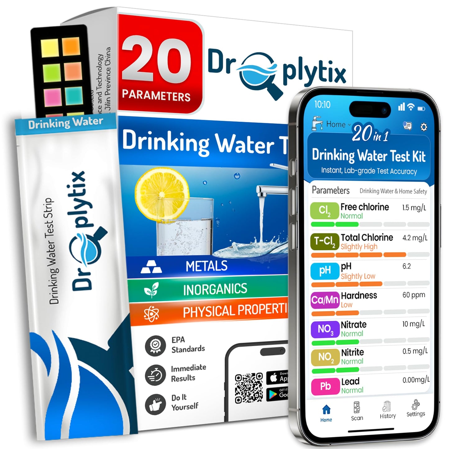 DROPLYTIX 20-in-1 Drinking Water Test Kit with Mobile App, Lab-Precision Home Water Testing Strips for Tap and Well Water, Tests pH, Hardness, Lead, Iron, Chlorine, Nitrate, Fluoride, Heavy Metals