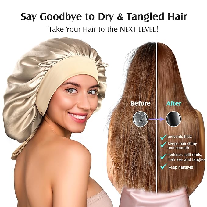 YFONG 100% 22 Momme Mulberry Silk Bonnet for Sleeping Women, Larger Double Layer Silk Hair Wrap for Curly Short Long Hair, Non-Slip Sleep Cap Turban with Elastic Tie Band for Hair Care, Champagne