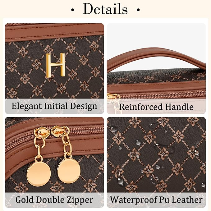 Birthday Gifts for Women Teen Girl, Personalized Initial Makeup Organizer Bag Set, Open Flat Travel Cosmetic Bag With Clear Divider and Handle(Coffee,H)