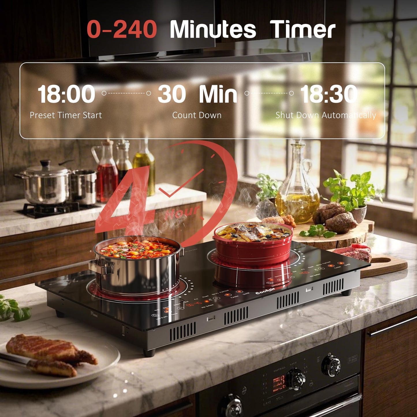 Cooksir 2 Burner Electric Cooktop - 24 Inch(23.6"x 13.8") Built-in & Countertop Electric Stove Top, 120V Double Burner Ceramic Cooktop Portable with Safety Lock, Timer, Touch Control, 110V Plug in