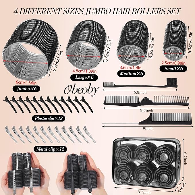 Obeoby 4 Sizes Hair Rollers for Women, Hair Curlers with Clips Comb Curlers for Long Short Curly Hair and Bangs (25, 36, 48, 60mm), Black