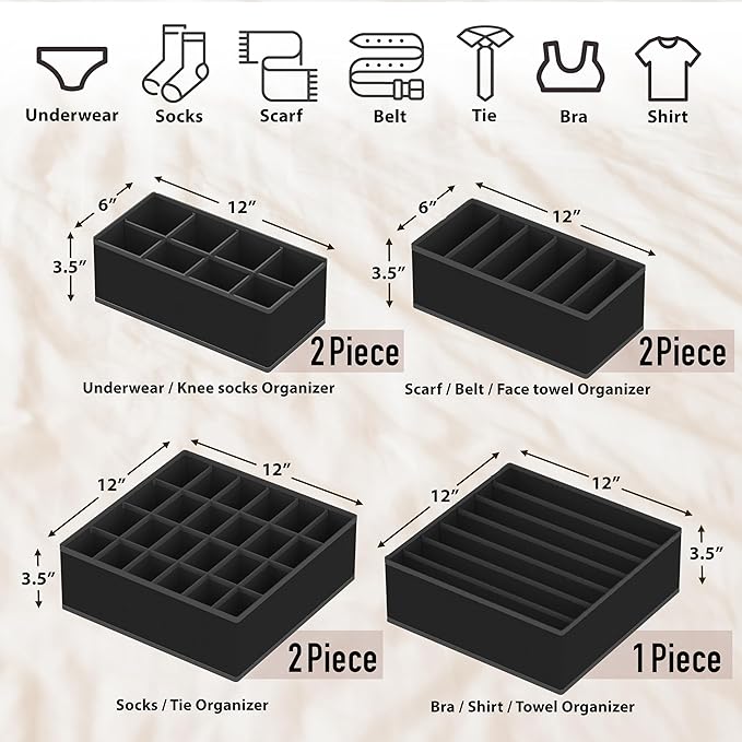 Simple Houseware Closet Underwear Organizer Drawer Divider Assorted 7 Pieces, Black