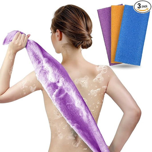 ARCH&M 3 Pack Exfoliating Towel for Body, 35-Inch Korean & Japanese Style Washcloth for Shower, Deep Clean & Smooth Skin, Nylon Back Scrubber, More Hygienic Than Loofah (Orange Purple Navy-Blue)