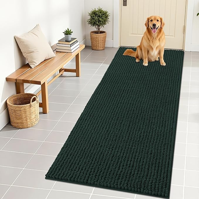 OLANLY Dog Door Mat for Muddy Paws 70x24, Ultra Absorbent Chenille Mud Doormat, Non-Slip Washable and Dirt Trapping Doormat for Indoor Entryway, Quick-Dry Indoor Pet Bed Mats for Dogs, Blackish Green