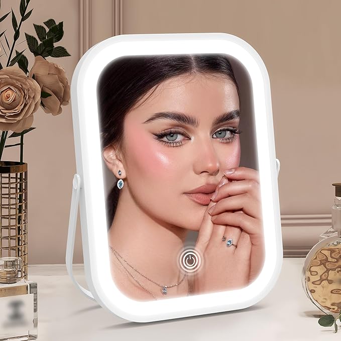 ROLOVE Rechargeable Makeup Mirror, 6x8 Inch Portable Vanity Mirror with Lights, 3-Color Dimmable LED Lighting, Tabletop Mirror, Travel Essentials