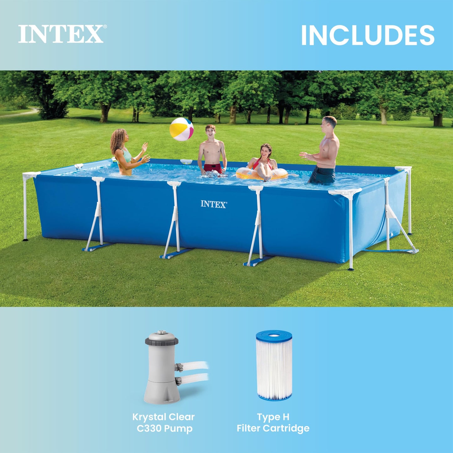INTEX Rectangular Frame 14 ft 9 in x 7 ft 3 in x 33 in Above Ground Pool, Swimming Pool with Steel Frame and 530 GPH Cartridge Filter Pump