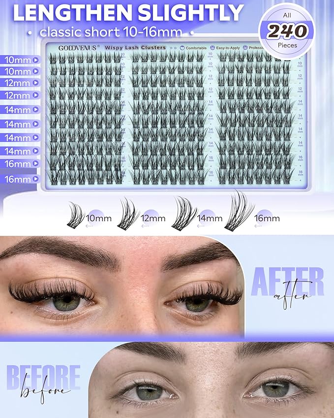 Goddvenus Wispy Lash Clusters Kit Eyelash Clusters Natural Cluster Eyelash Extensions Kit 10-16mm CC Curve Lash Extension Kit For DIY