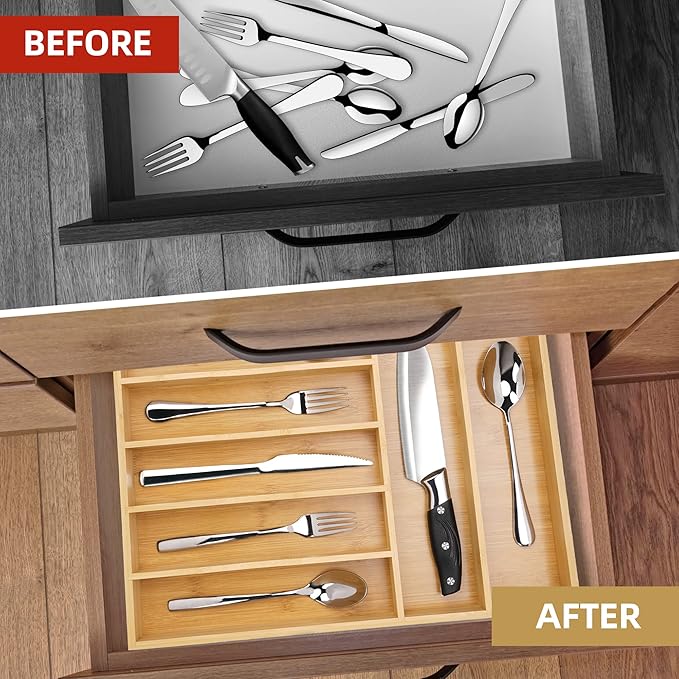Besilord Silverware Organizer Kitchen Drawer Organizer Utensil Organizer Bamboo Silverware Holder Cutlery Organizer in Drawer Flatware Organizer Tray(7 slots, Natural