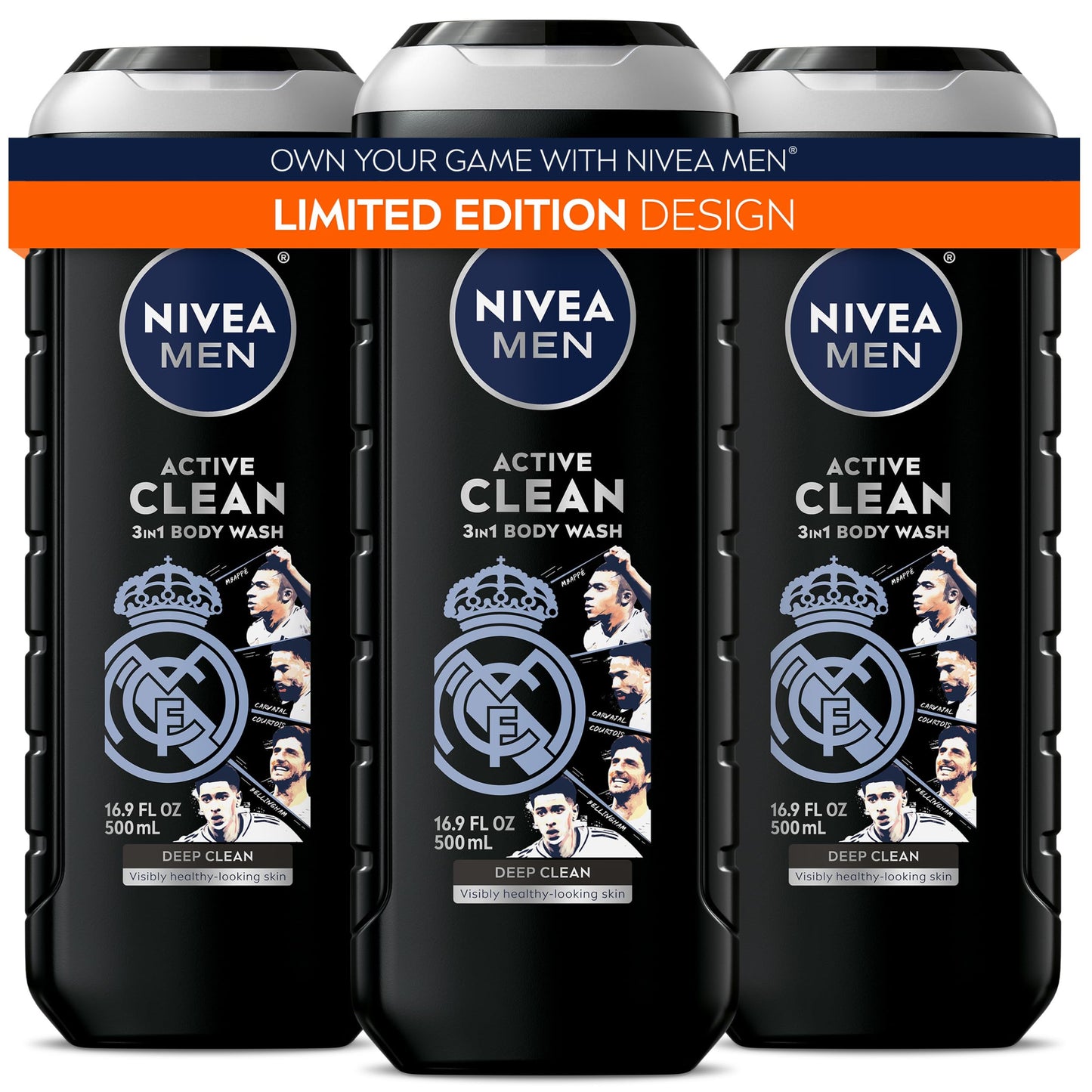 NIVEA MEN Real Madrid Limited Edition Design Active Clean Body Wash with Natural Charcoal for Normal to Oily Skin, 3-in-1 Charcoal Body Wash, Face and Hair, 16.9 Fl Oz Bottle, Pack of 3