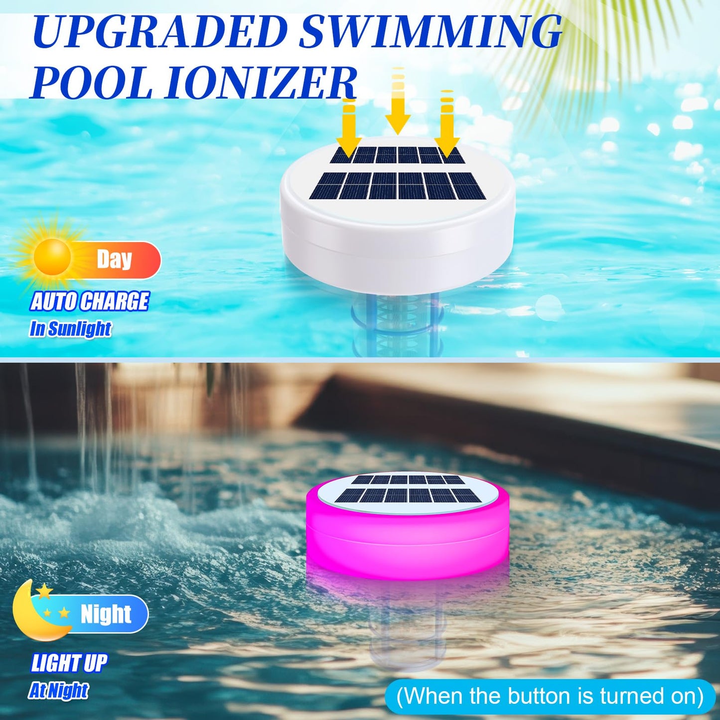 Qualirey Solar Pool Ionizer, Automatic Floating Copper Ionizer to Less Chlorine, Pool Water Purifier with LED Light & Scum Eliminating Balls, for Above Ground & Inground Pools up to 35, 000 Gallons