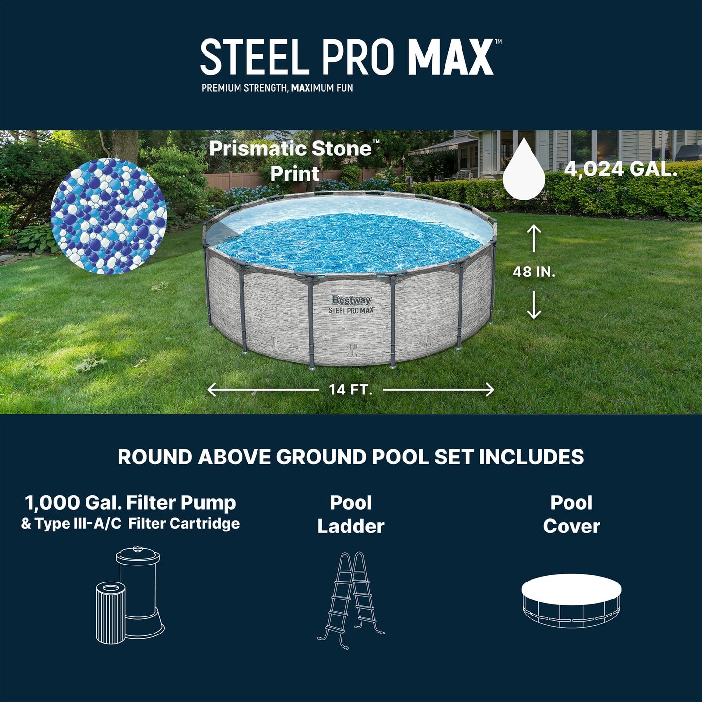 Bestway Steel Pro MAX 14' x 48" Above Ground Pool, Round Metal Frame Outdoor Swimming Pool Set with Filter Pump, Ladder, and Cover, Gray Stone Print