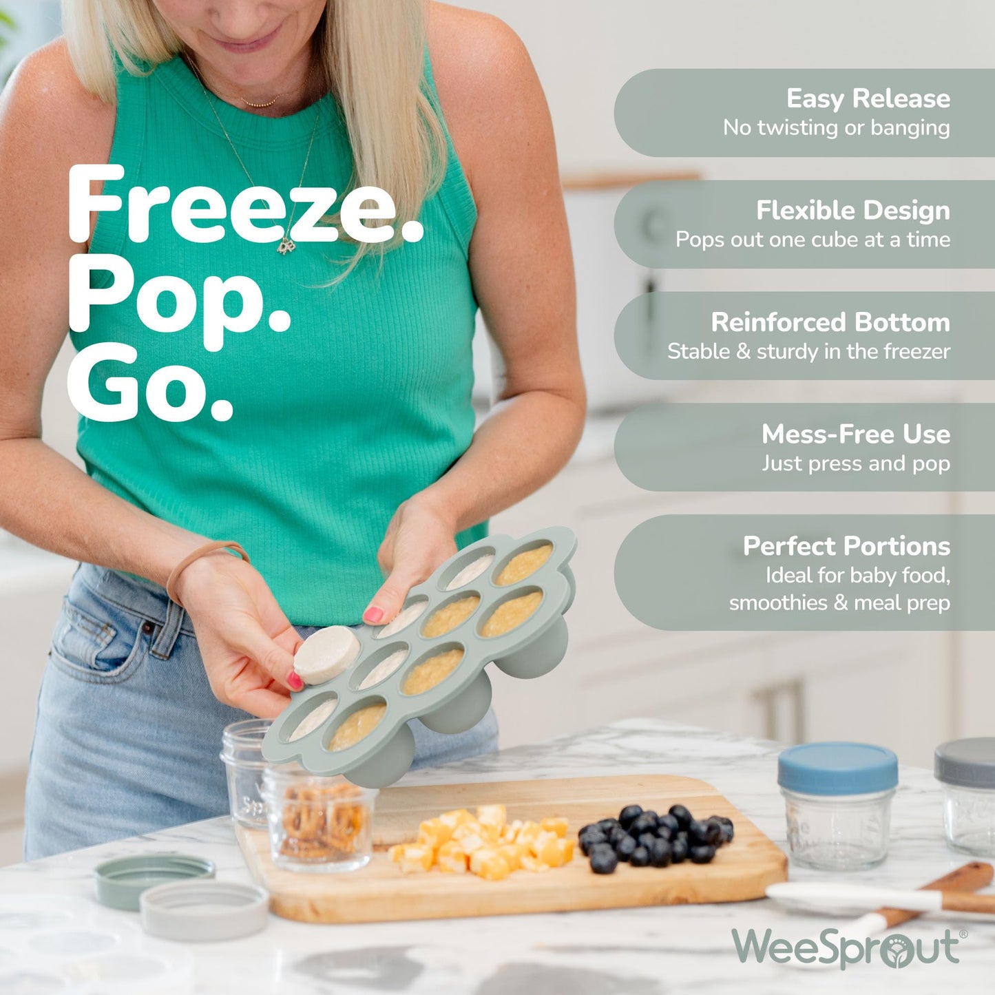 WeeSprout Silicone Freezer Tray with Clip on Lid Perfect Food Storage Container for Homemade Baby Food, Vegetable, Fruit Purees, and Breast Milk (Bright Green, Ten 1.5 Ounce Sections)