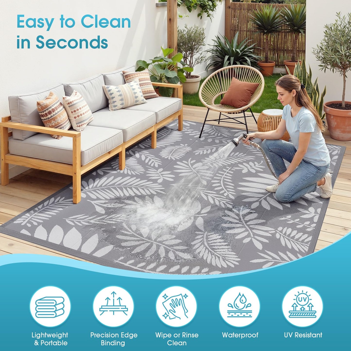 TitanCoziest Outdoor Rug for Patio - 6' x 9', Waterproof, Reversible Outdoor Plastic Straw Rugs with Reinforced Edges, Camping Mat Carpet for RV, Deck, Backyard, Balcony, Picnic, Beach (Leaf Gray)