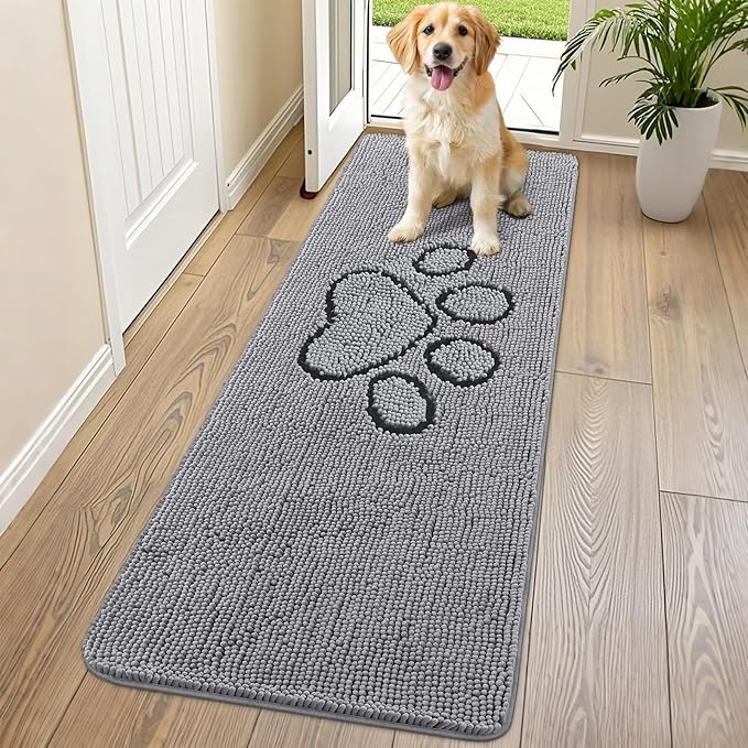 Smiry Dog Door Mat for Muddy Paws, Absorbent Dirt Trapper Non Slip Quick Dry Washable Chenille Mat for Mud Dogs, Entry Rug for Indoor and Outdoor (70x24 Inches, Grey and Black)