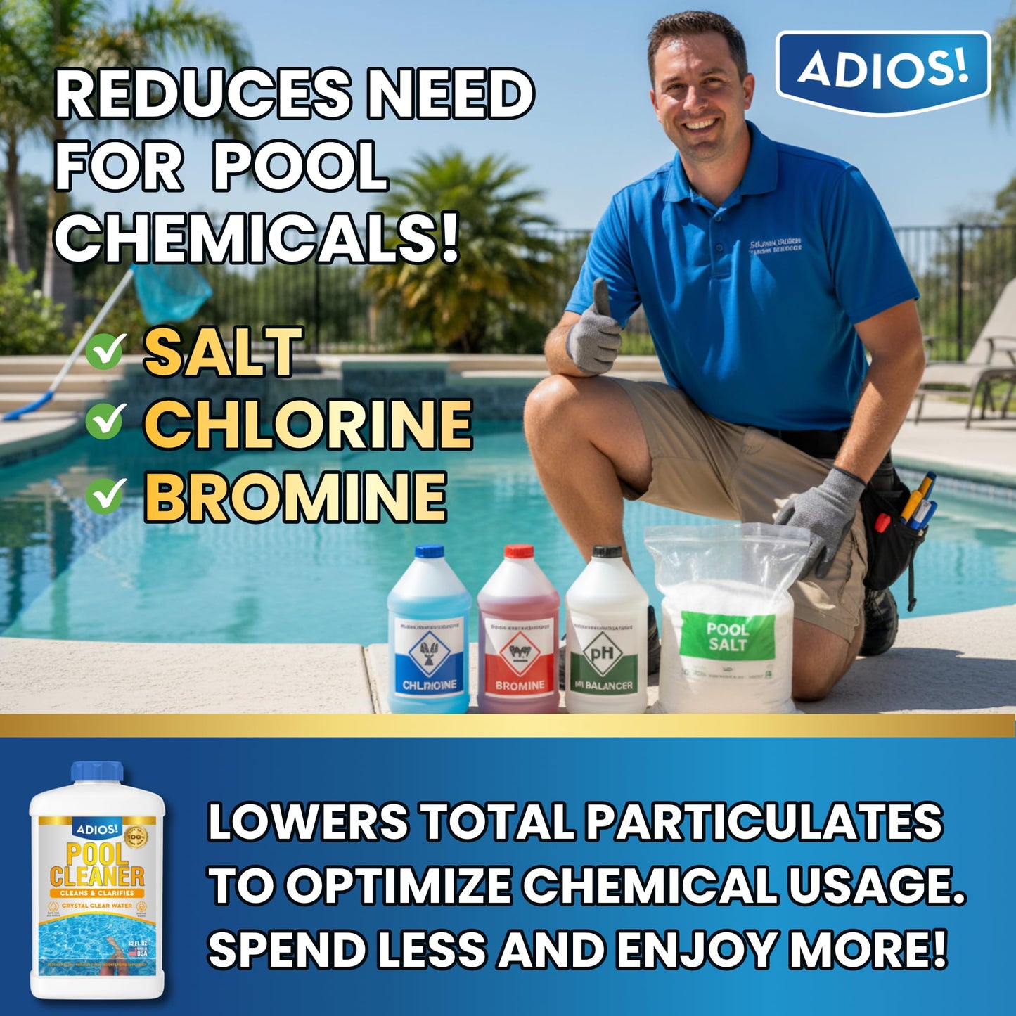 Adios! 20X Pool Cleaner and Clarifier – Restores Cloudy and Hazy Water for Above Ground and Inground Pools – Twenty Treatments per 32oz Bottle