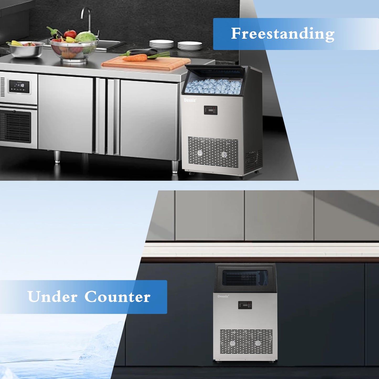 Dessiz Commercial Ice Maker, 130Lbs/24H 40Lbs Storage, 55Pcs Clear Ice in 8-15Mins, Under Counter Stainless Steel Ice Machine with Self-Cleaning & Blue Light, Quiet for Home Bar Restaurant Party