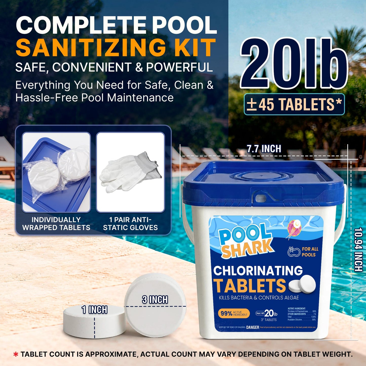 Pool Shark Swimming Pool Chlorine Tablets | 3-Inch Chlorine Tablets | 20 lbs | Slow-Dissolving 90% Active Chlorine Tabs | Pool Chemicals for Inground Pools, Above Ground Pools, Saltwater, Spa, Hot Tub