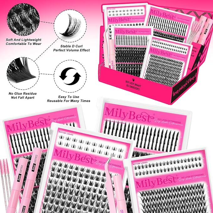MilyBest Lash Clusters Kit with Spikes/Bottom Lashes Clusters 792Pcs Wispy DIY Lash Cluster Kit 4 Styles Curl Individual Eyelashes Pack with 2 Bond&Seal Volume Bulk Cluster Eyelash Extensions Kit