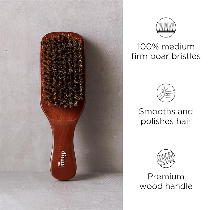 Diane Premium 100% Boar Bristle Club Wave Brush for Men and Barbers – Medium Bristles for Thick Coarse Hair – Use for Detangling, Smoothing, Wave Styles, Soft on Scalp, Restore Shine and Texture
