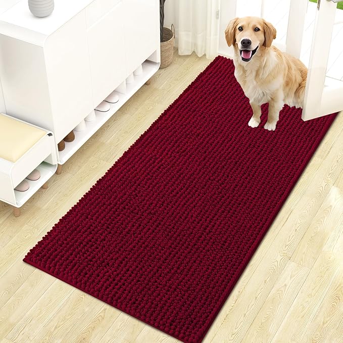 OLANLY Dog Door Mat for Muddy Paws 47x24, Ultra Absorbent Chenille Mud Doormat, Non-Slip Washable and Dirt Trapping Doormat for Indoor Entryway, Quick-Dry Indoor Pet Bed Mats for Dogs, Burgundy